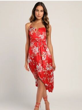 Lulus Red Floral My Favorite Day Tulip Midi Dress NWT XL